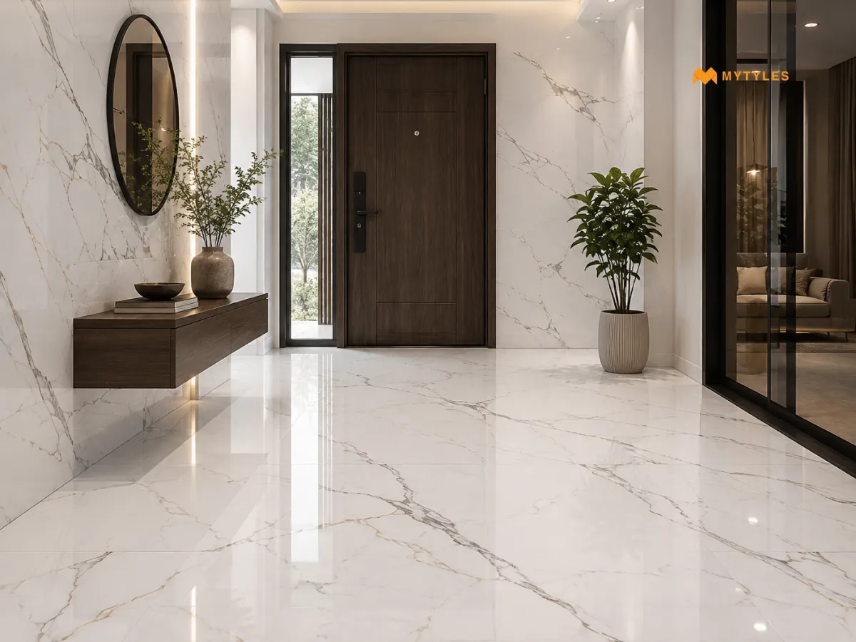Polished Statuario Tiles for a Bright Entrance